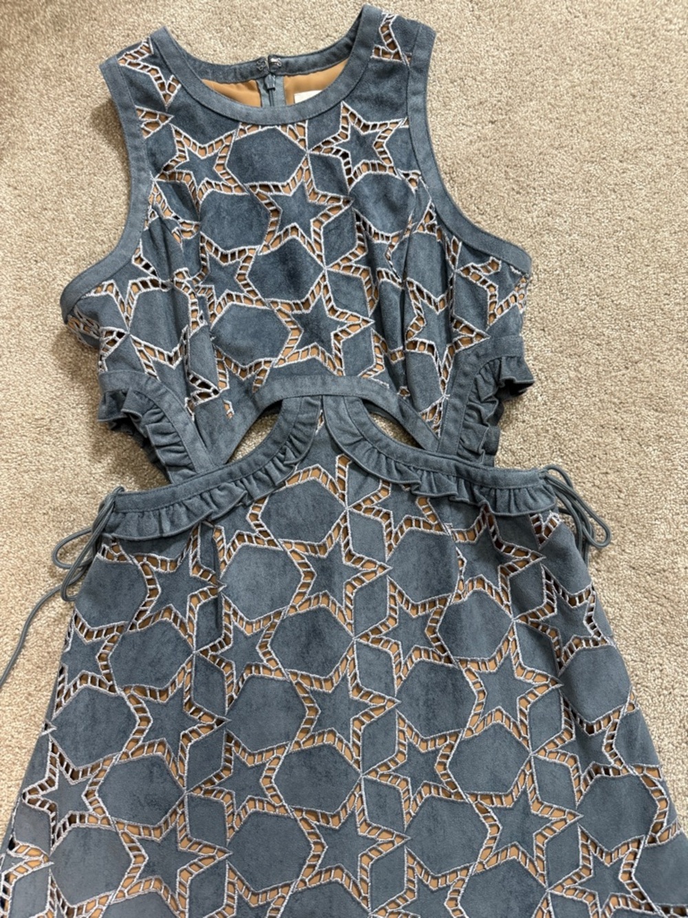 SELF-PORTRAIT Cutout Geometric Lace Dress — Steel Blue / Nude Illusion | US 8 - Picture 5 of 15